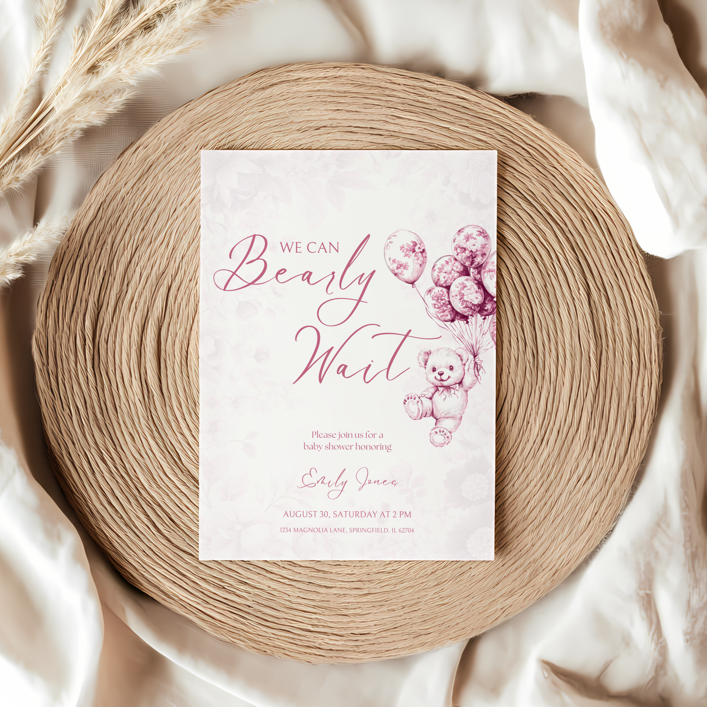 Baby Shower Invitation - Pink Bearly Wait Toile de Jouy BS37