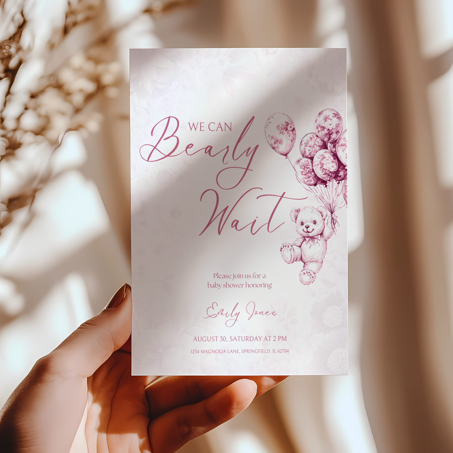 Baby Shower Invitation - Pink Bearly Wait Toile de Jouy BS37