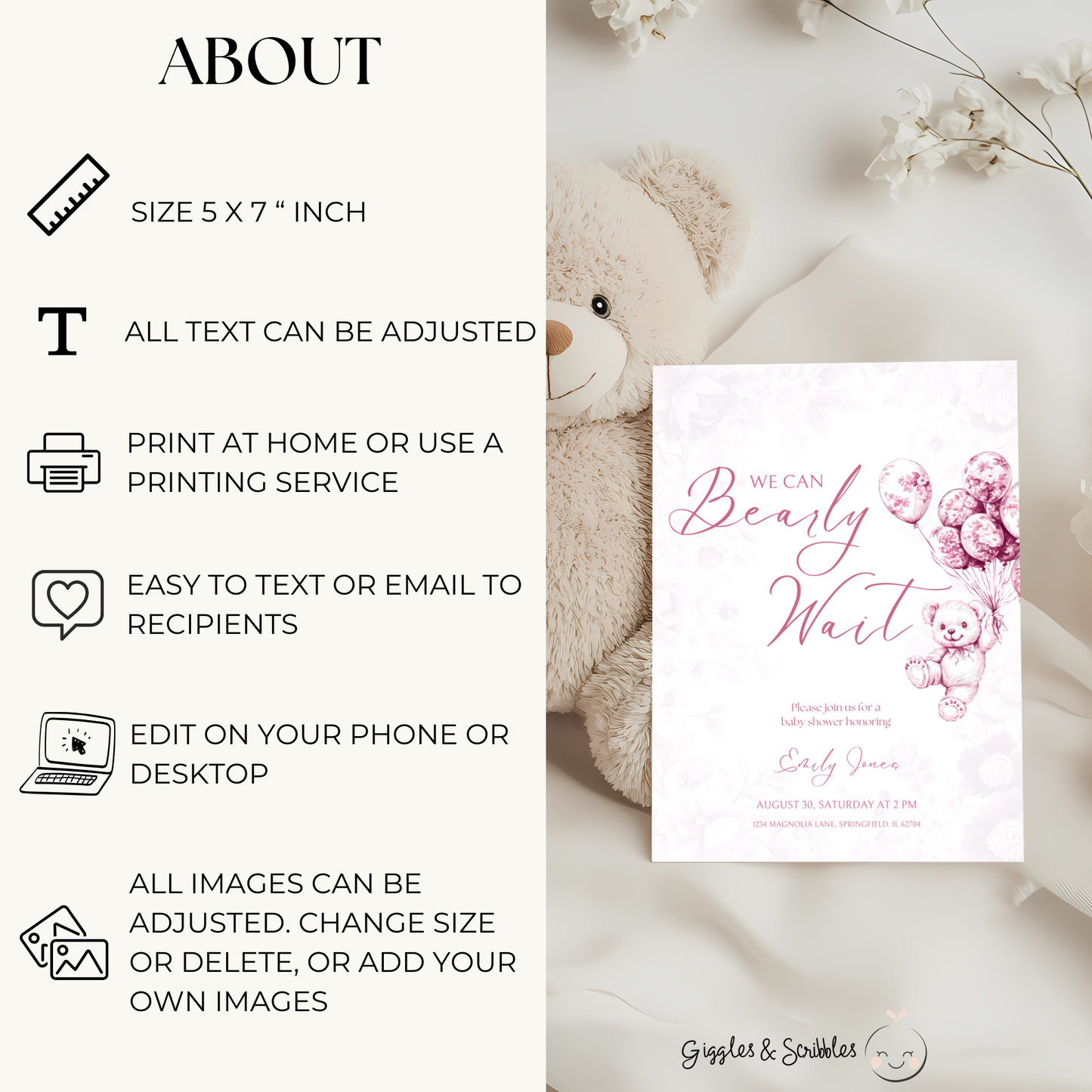Baby Shower Invitation - Pink Bearly Wait Toile de Jouy BS37