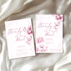 Baby Shower Invitation - Pink Bearly Wait Toile de Jouy BS37