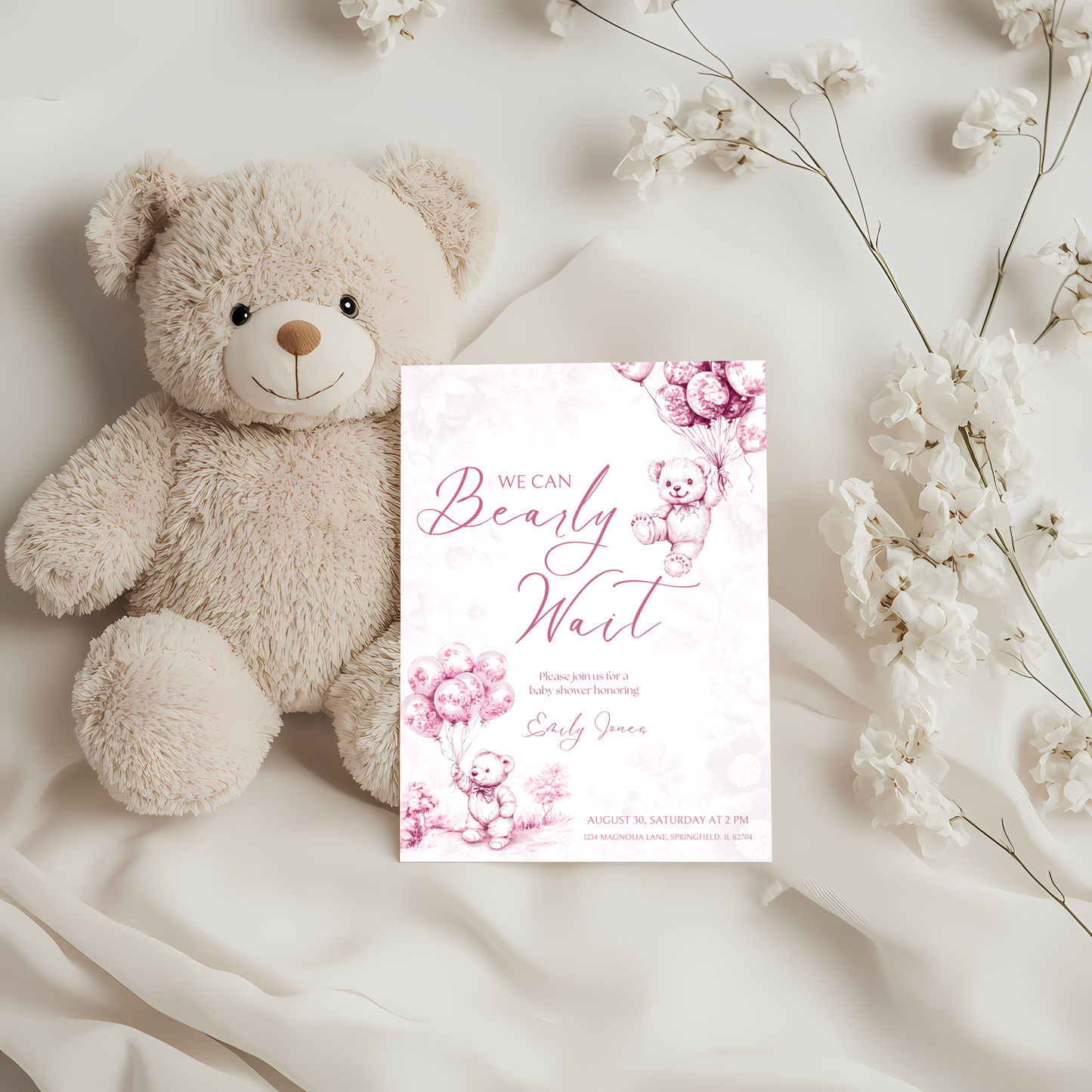 Baby Shower Invitation - Pink Bearly Wait Toile de Jouy BS37