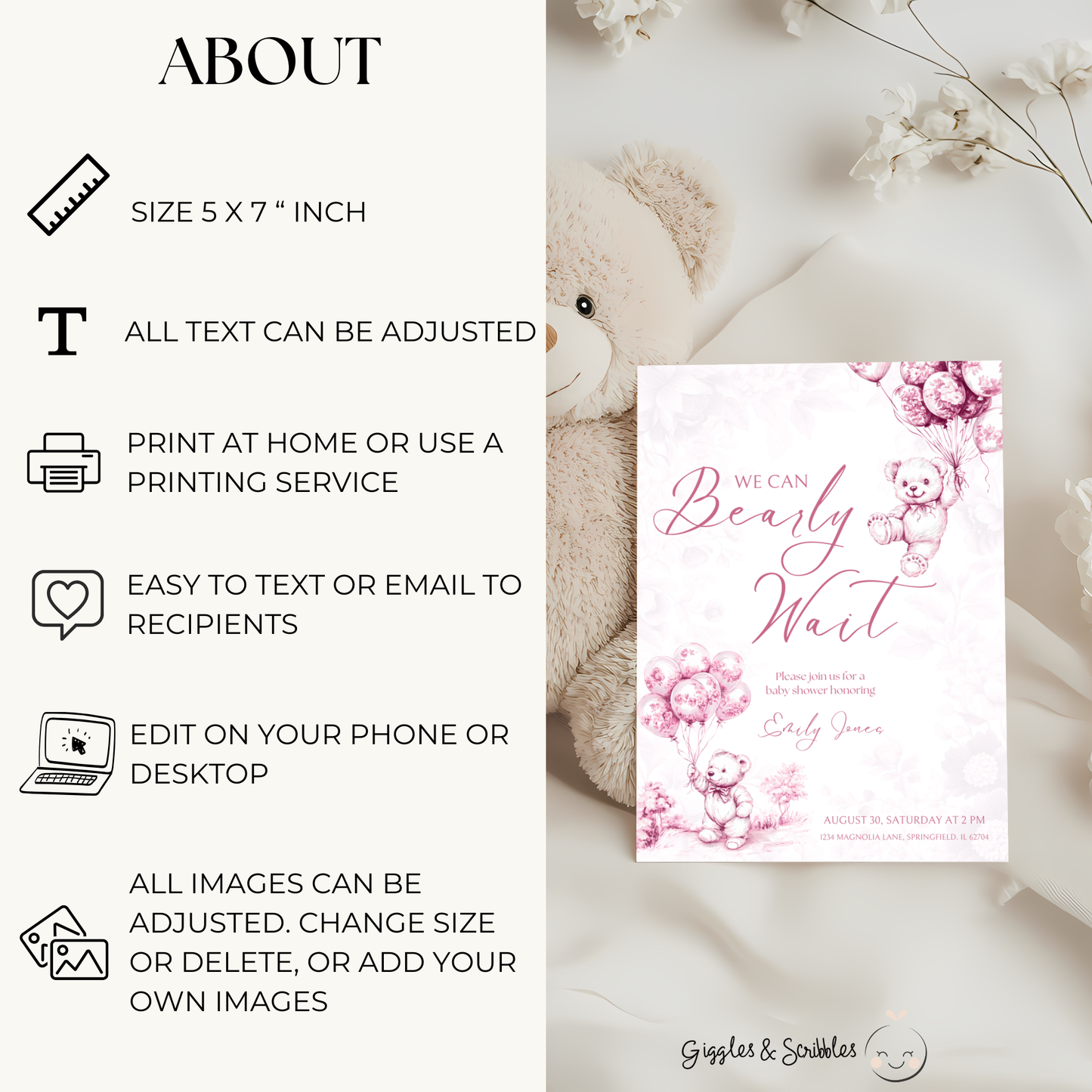 Baby Shower Invitation - Pink Bearly Wait Toile de Jouy BS37