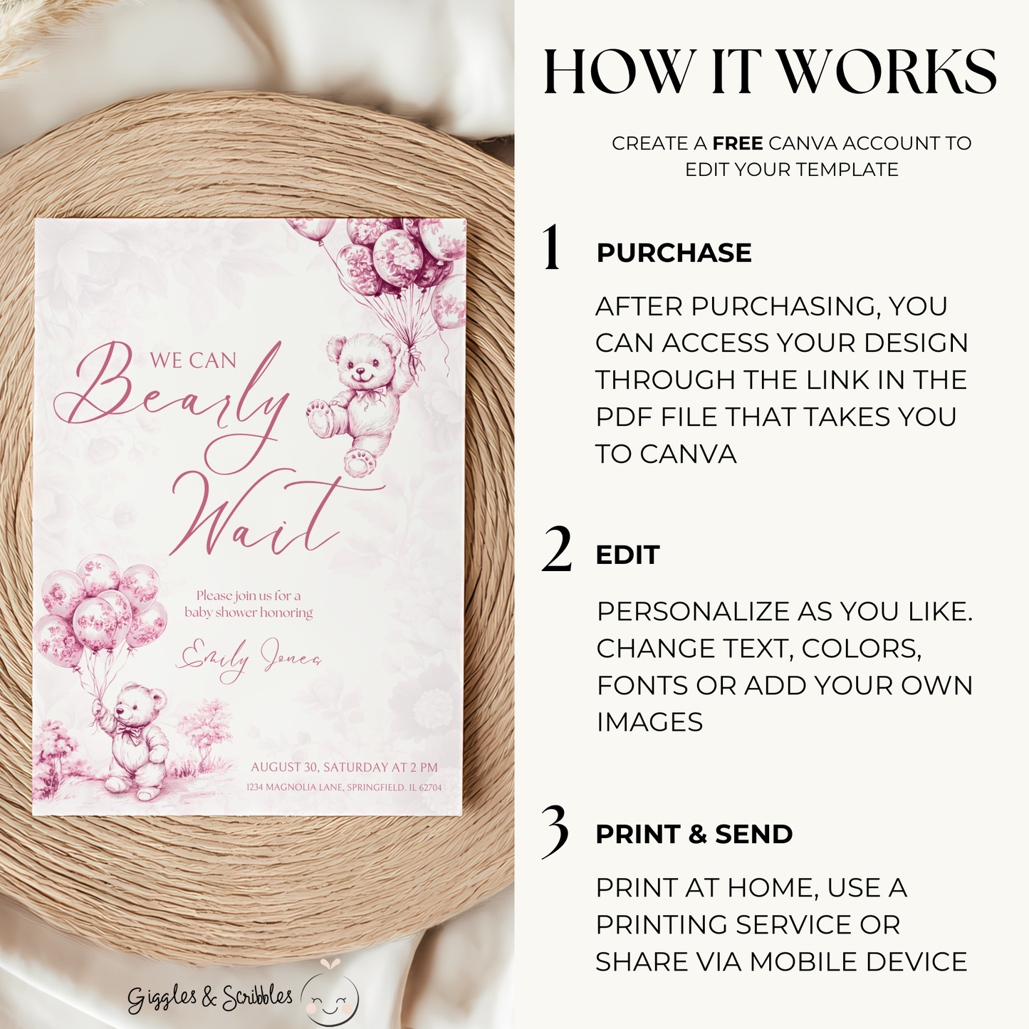 Baby Shower Invitation Bundle - Pink Bearly Wait Toile de Jouy BS37