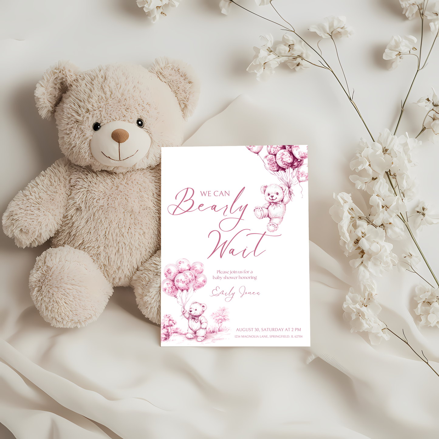 Baby Shower Invitation - Pink Bearly Wait Toile de Jouy BS37