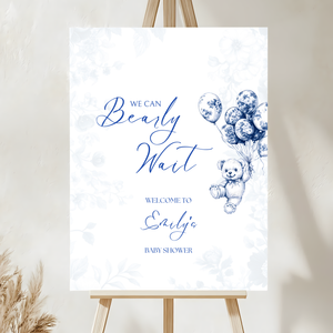 Baby Shower Welcome Sign - Blue Bearly Wait Toile de Jouy BS35