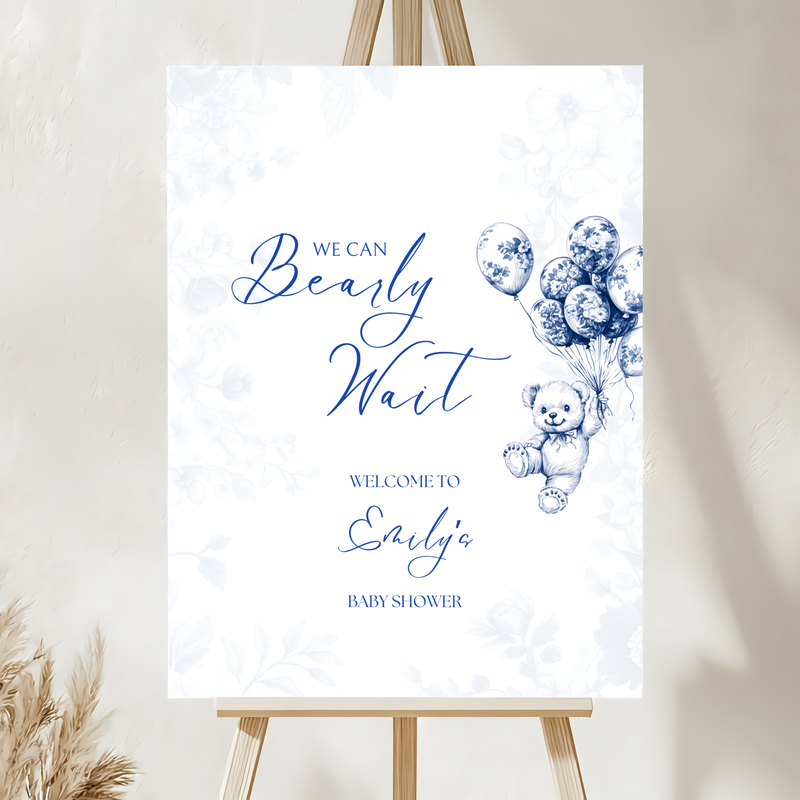 Baby Shower Welcome Sign - Blue Bearly Wait Toile de Jouy BS35
