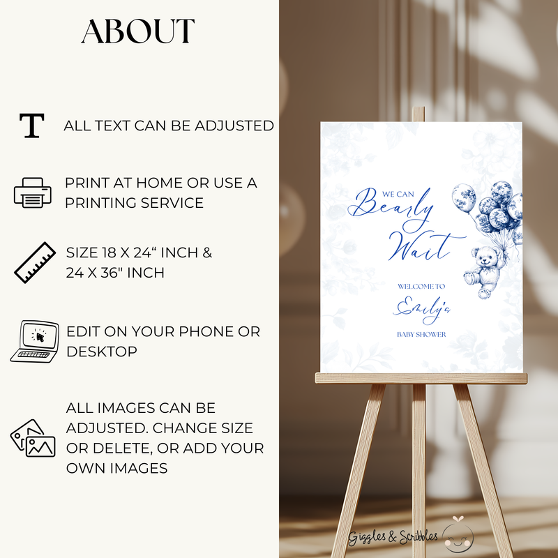 Baby Shower Welcome Sign - Blue Bearly Wait Toile de Jouy BS35