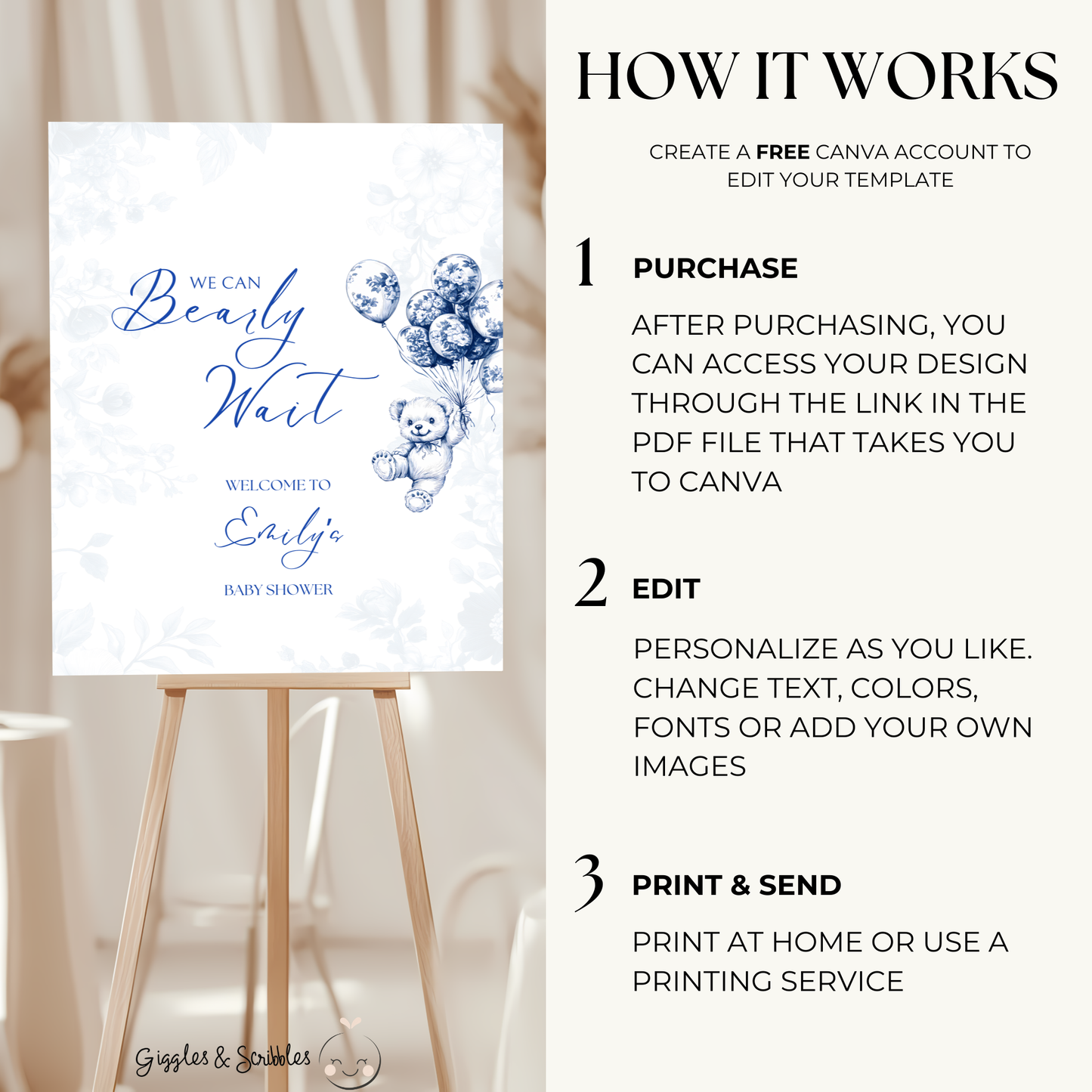 Baby Shower Welcome Sign - Blue Bearly Wait Toile de Jouy BS35