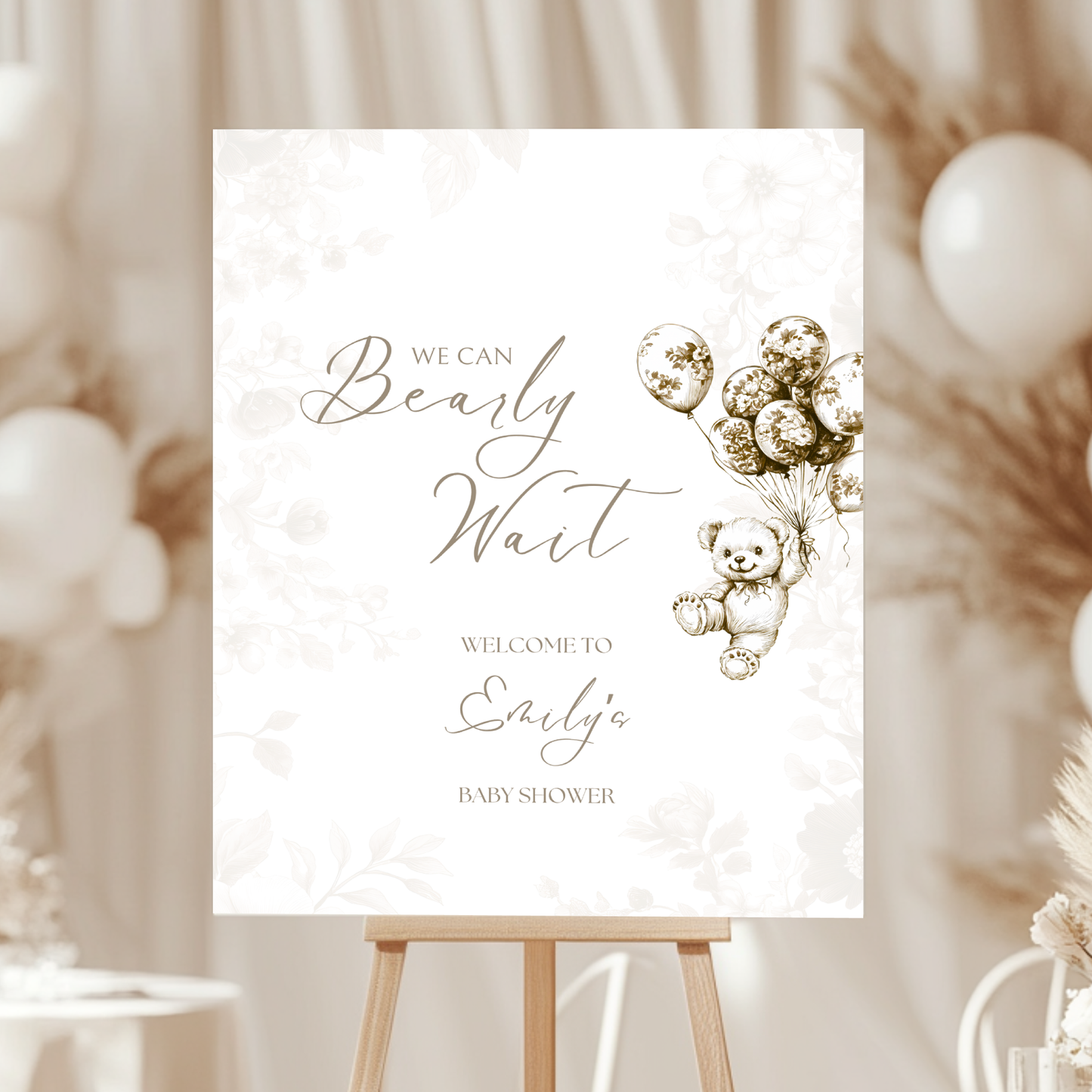 Baby Shower Welcome Sign - Beige Bearly Wait Toile de Jouy BS36