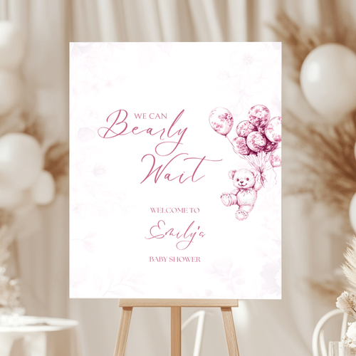 Baby Shower Welcome Sign - Pink Bearly Wait Toile de Jouy BS37