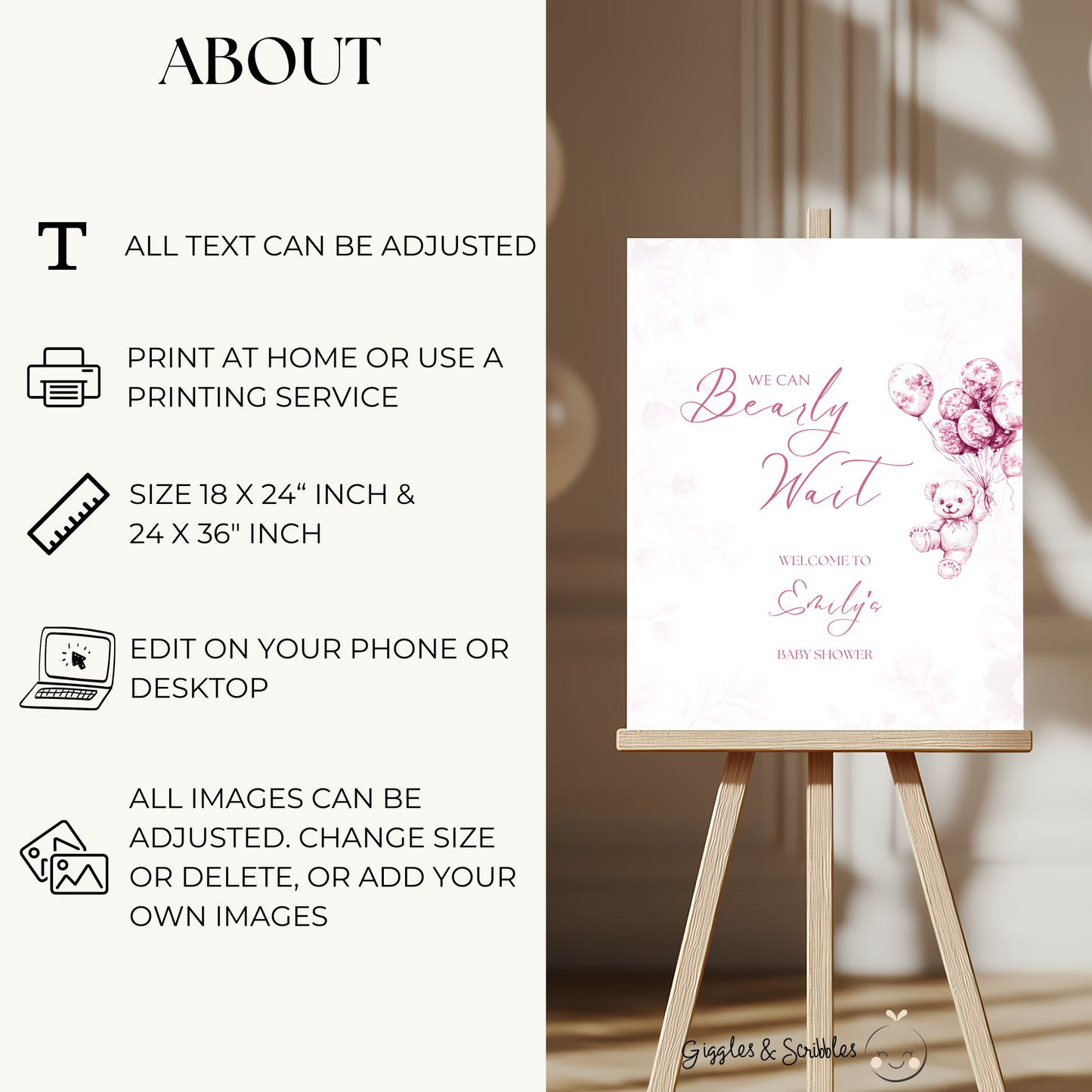 Baby Shower Welcome Sign - Pink Bearly Wait Toile de Jouy BS37