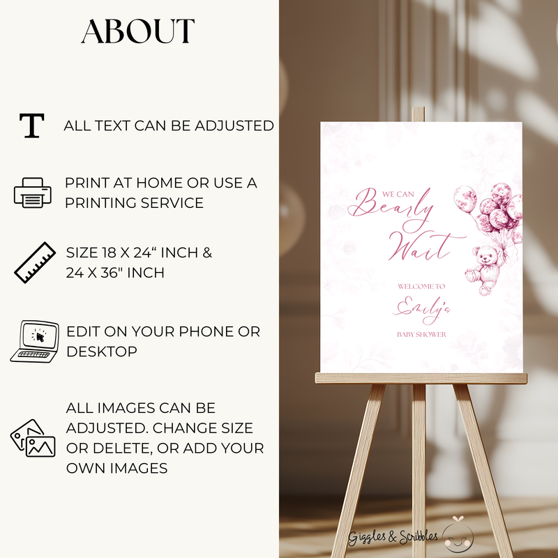 Baby Shower Welcome Sign - Pink Bearly Wait Toile de Jouy BS37