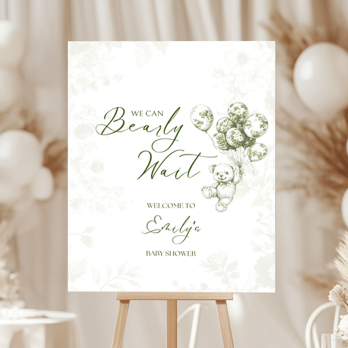 Baby Shower Welcome Sign - Green Bearly Wait Toile de Jouy BS38