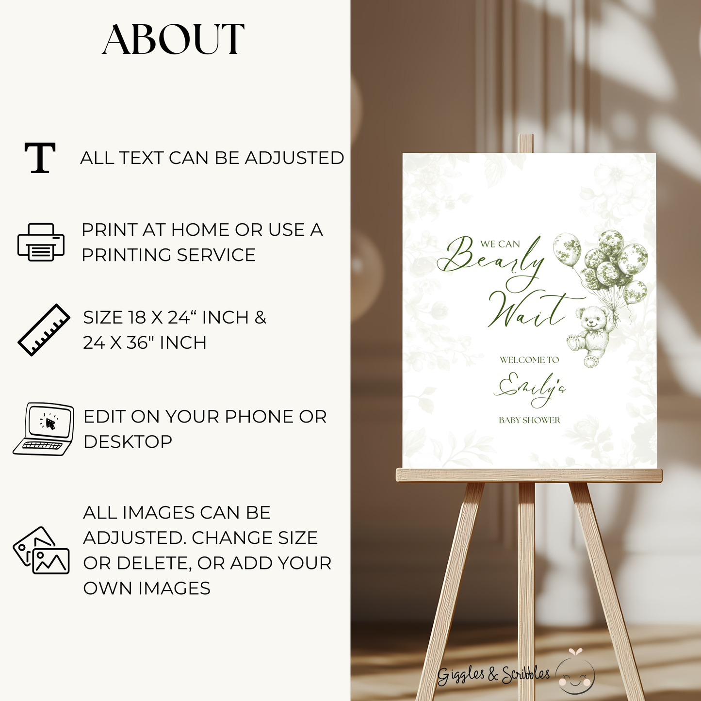 Baby Shower Welcome Sign - Green Bearly Wait Toile de Jouy BS38