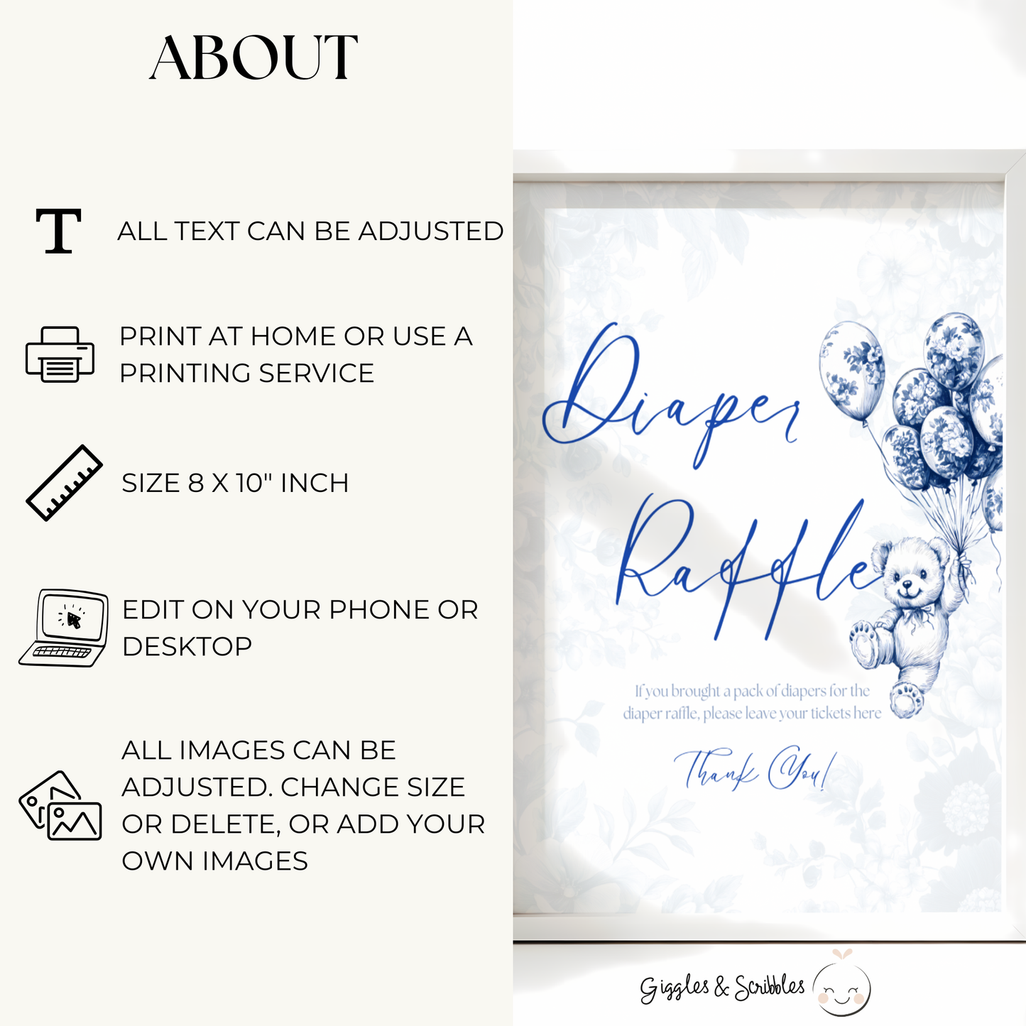 Baby Shower Table Sign Bundle - Blue Bearly Wait Toile de Jouy BS35