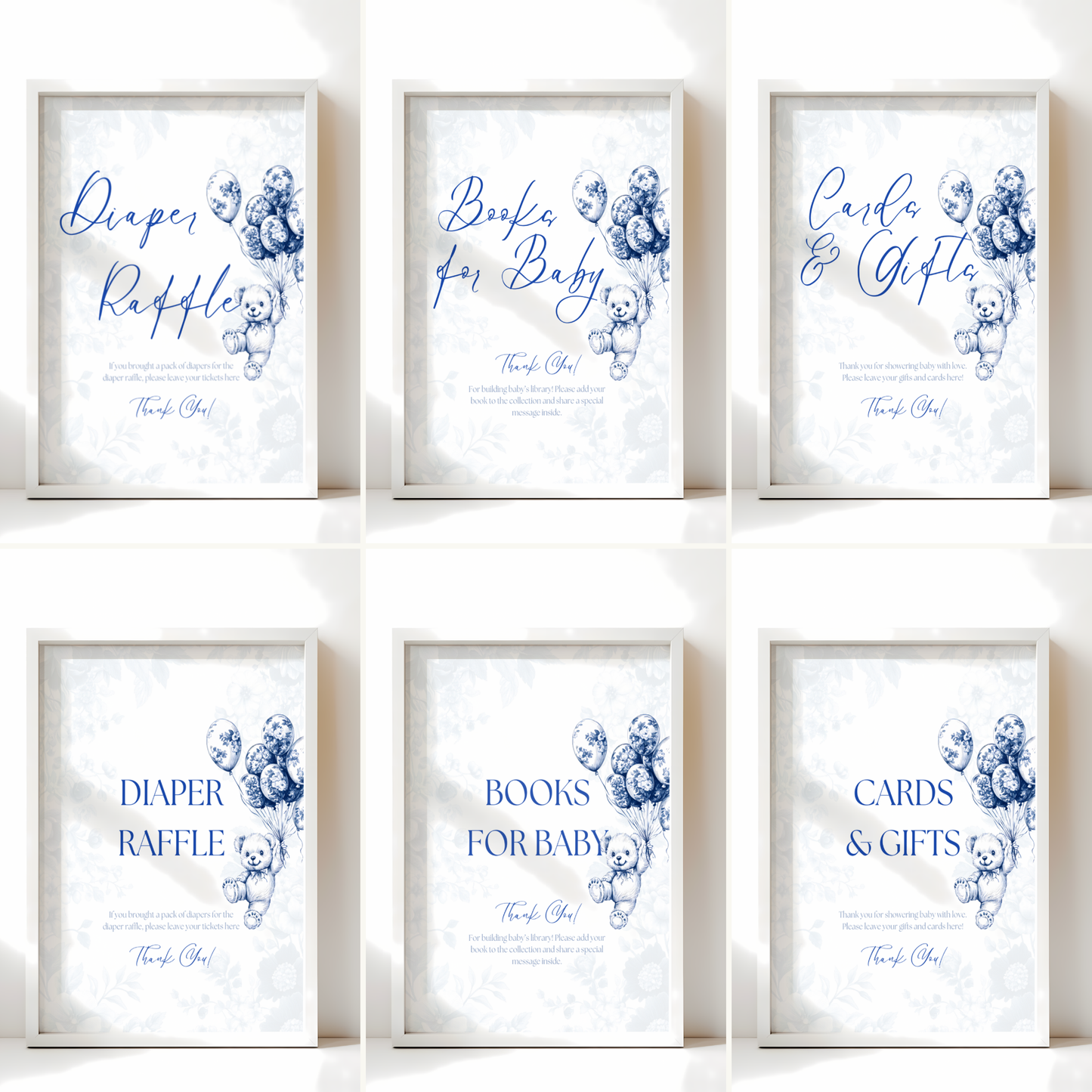 Baby Shower Table Sign Bundle - Blue Bearly Wait Toile de Jouy BS35