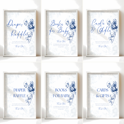 Baby Shower Table Sign Bundle - Blue Bearly Wait Toile de Jouy BS35