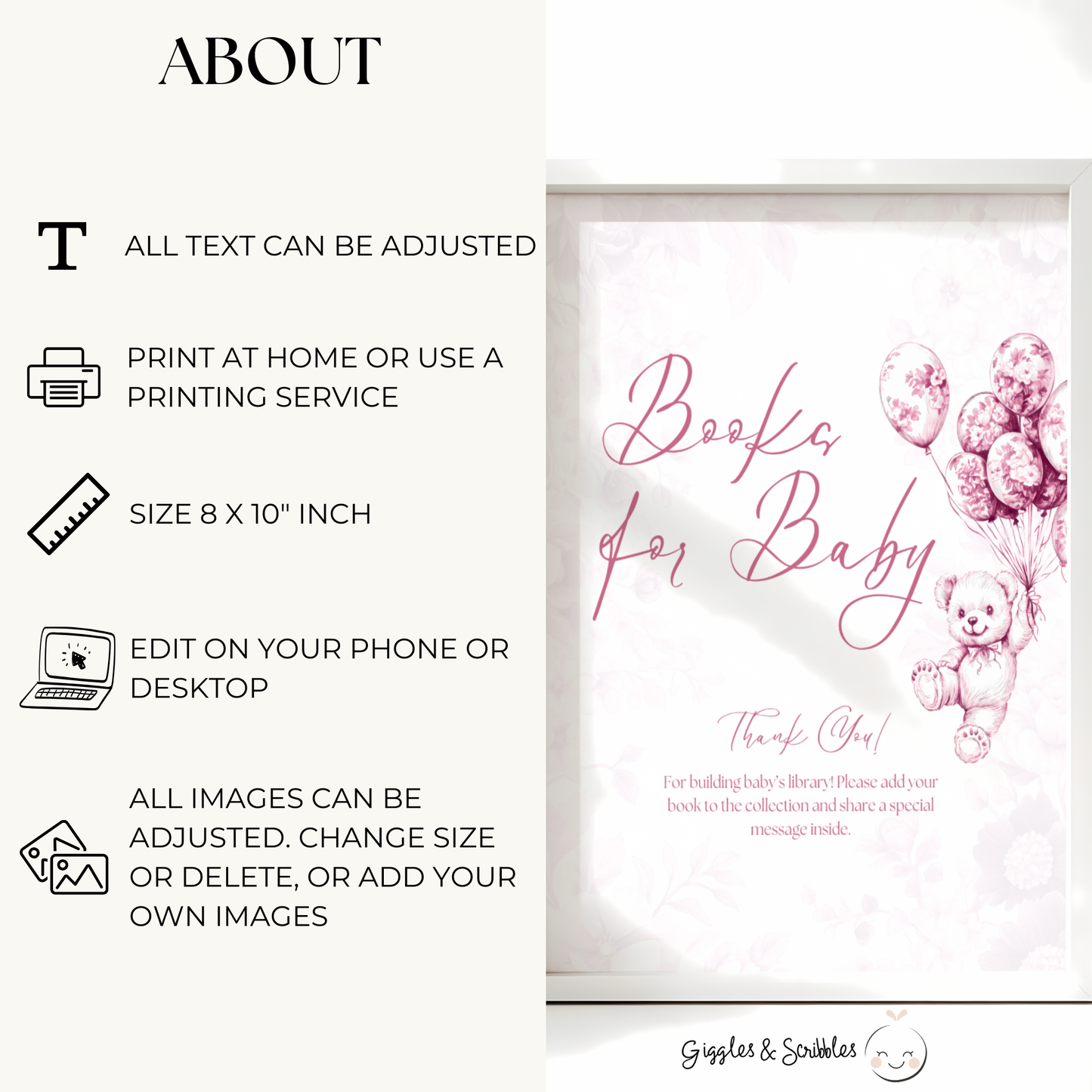 Baby Shower Table Sign Bundle - Pink Bearly Wait Toile de Jouy BS37