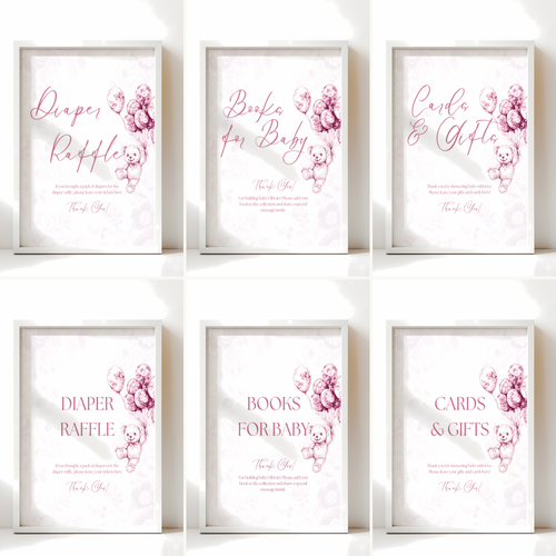 Baby Shower Table Sign Bundle - Pink Bearly Wait Toile de Jouy BS37