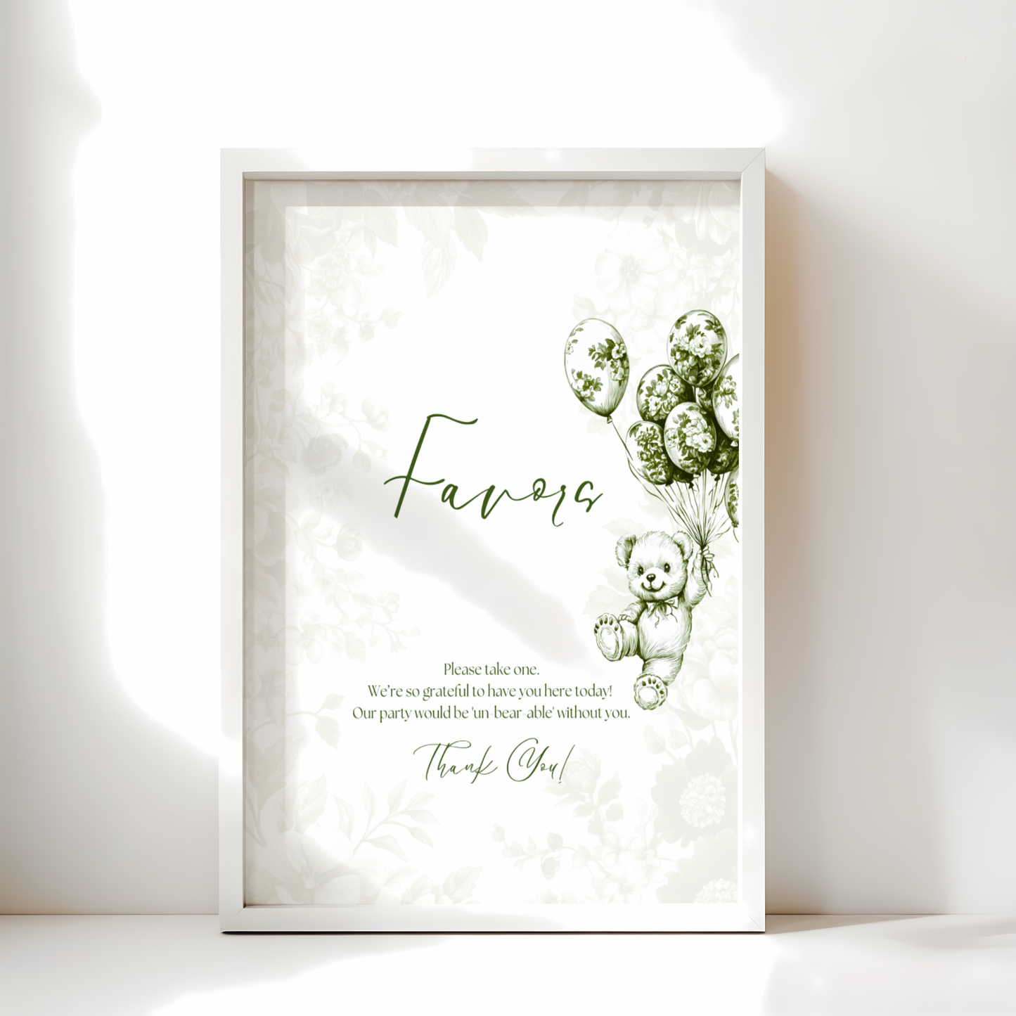 Baby Shower Table Sign Bundle - Green Bearly Wait Toile de Jouy BS38
