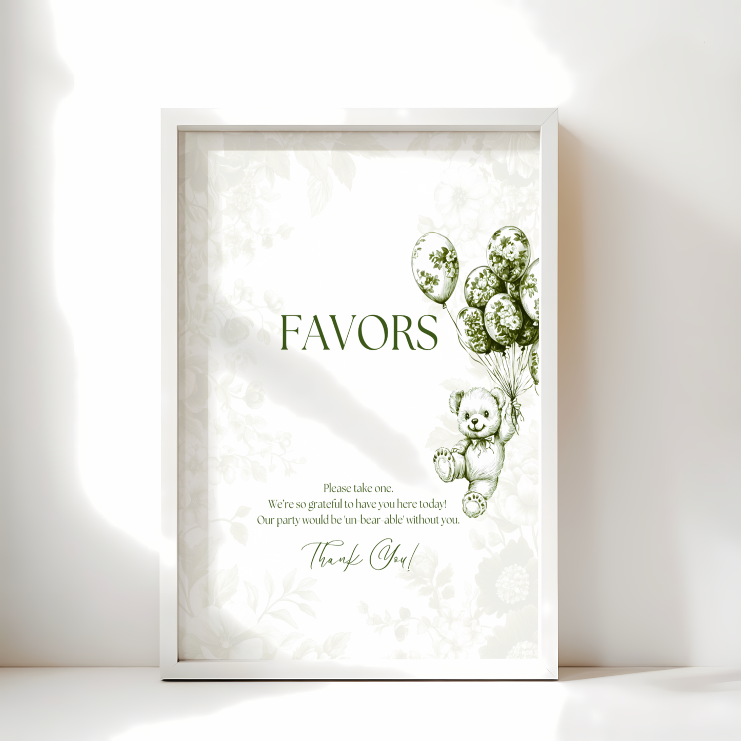 Baby Shower Table Sign Bundle - Green Bearly Wait Toile de Jouy BS38