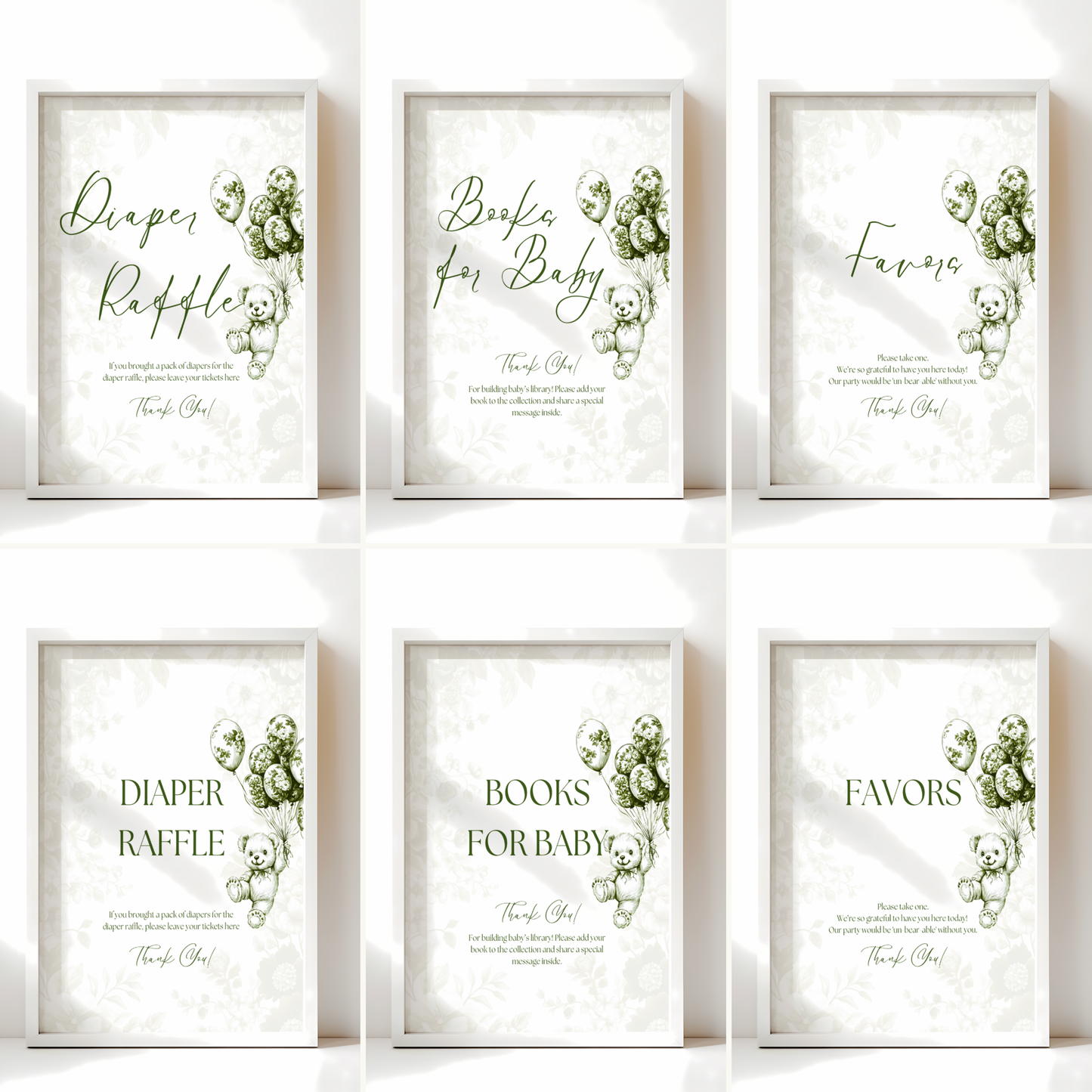 Baby Shower Table Sign Bundle - Green Bearly Wait Toile de Jouy BS38