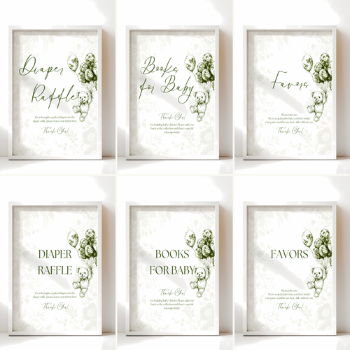 Baby Shower Table Sign Bundle - Green Bearly Wait Toile de Jouy BS38