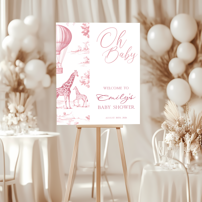 Baby Shower Welcome Sign - Pink Toile de Jouy Safari Giraffes Hot Air Balloon BS121 (kopie)