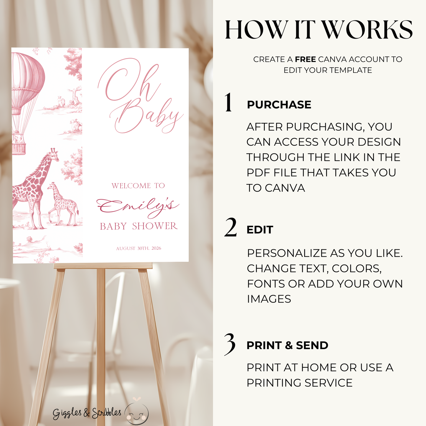 Baby Shower Welcome Sign - Pink Toile de Jouy Safari Giraffes Hot Air Balloon BS121 (kopie)