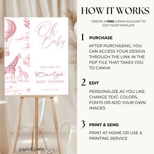 Baby Shower Welcome Sign - Pink Toile de Jouy Safari Giraffes Hot Air Balloon BS121 (kopie)