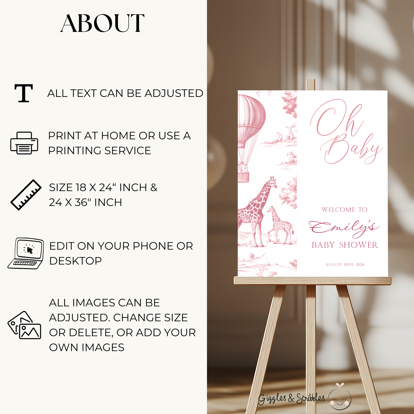Baby Shower Welcome Sign - Pink Toile de Jouy Safari Giraffes Hot Air Balloon BS121 (kopie)