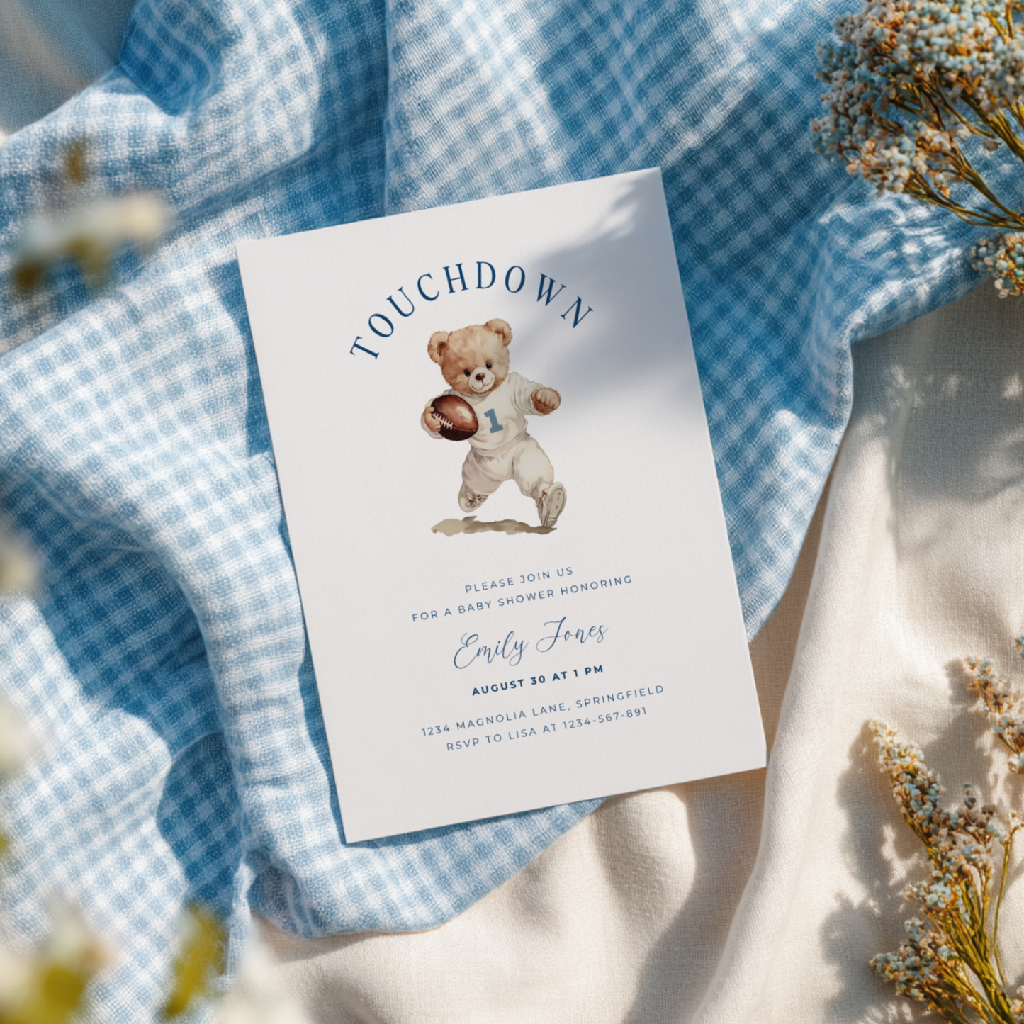 Baby Shower Invitation - American Football Sports Bear Touchdown BS221