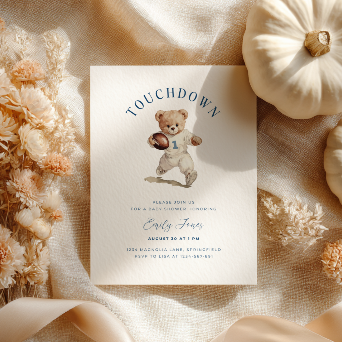 Baby Shower Invitation - American Football Sports Bear Touchdown BS221