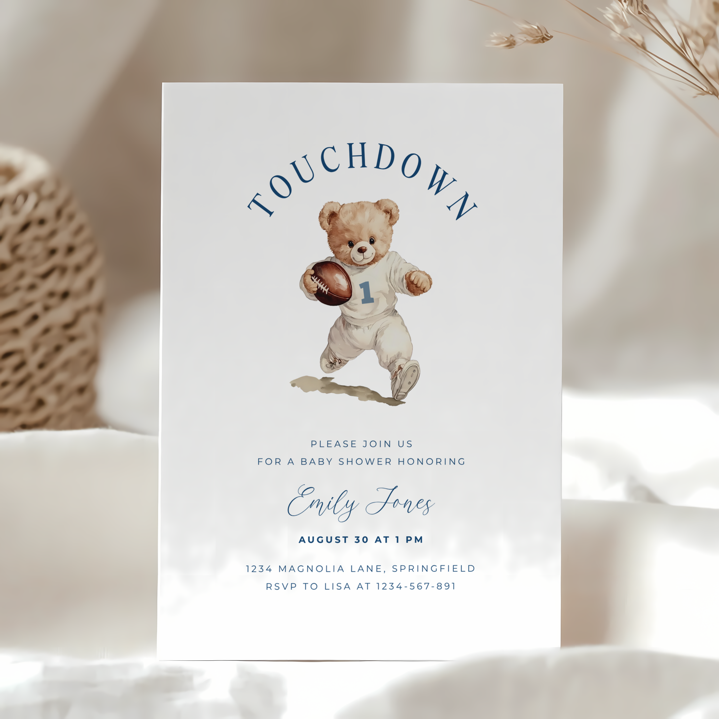 Baby Shower Invitation - American Football Sports Bear Touchdown BS221