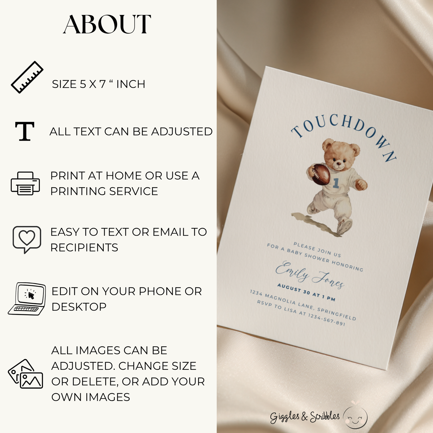Baby Shower Invitation - American Football Sports Bear Touchdown BS221