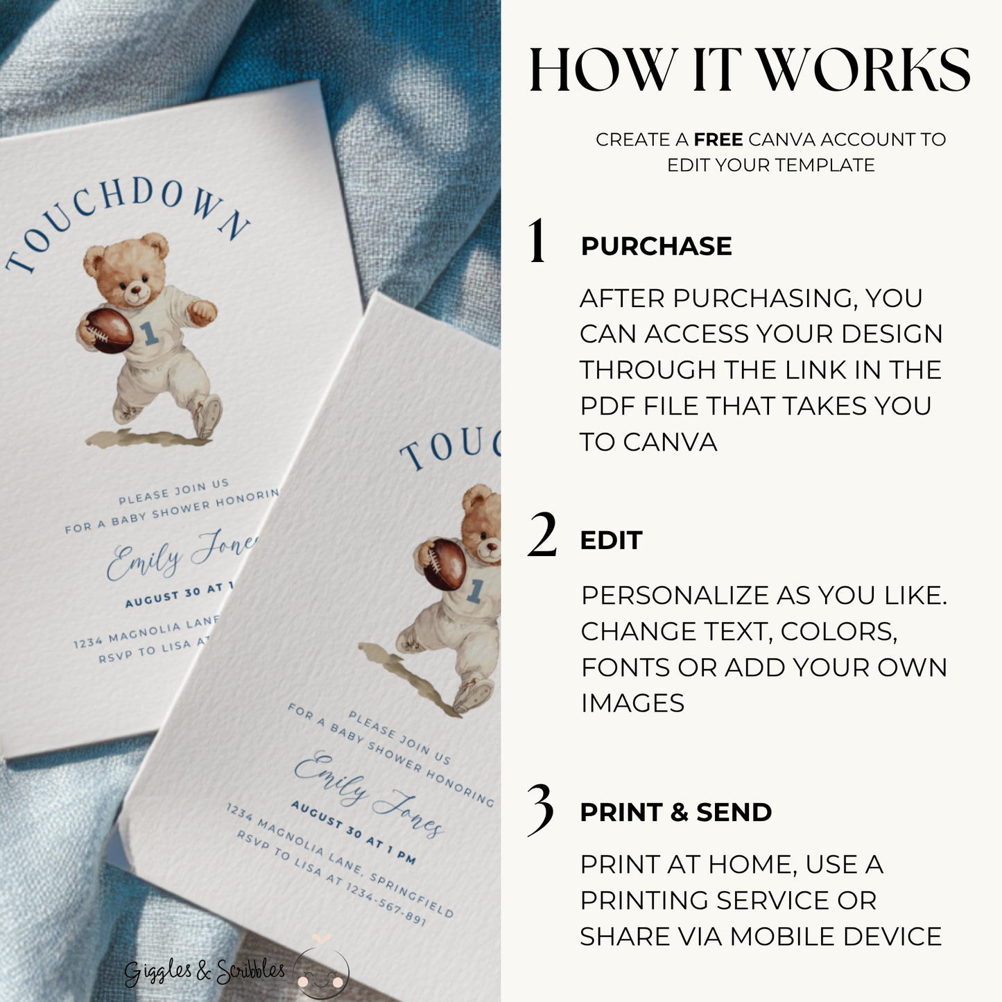 Touchdown Football Sports Bear Baby Shower Invitation Bundle BS221