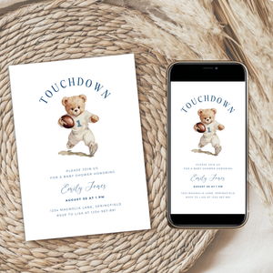 Touchdown Football Sports Bear Baby Shower Invitation Bundle BS221