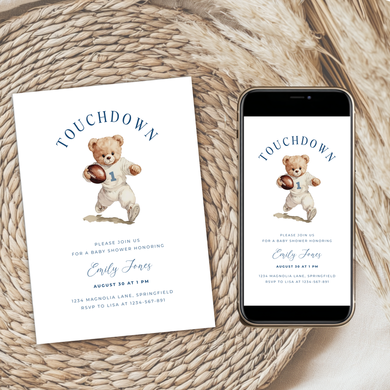 Touchdown Football Sports Bear Baby Shower Invitation Bundle BS221