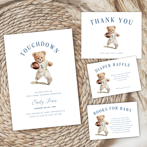 Touchdown Football Sports Bear Baby Shower Invitation Bundle BS221