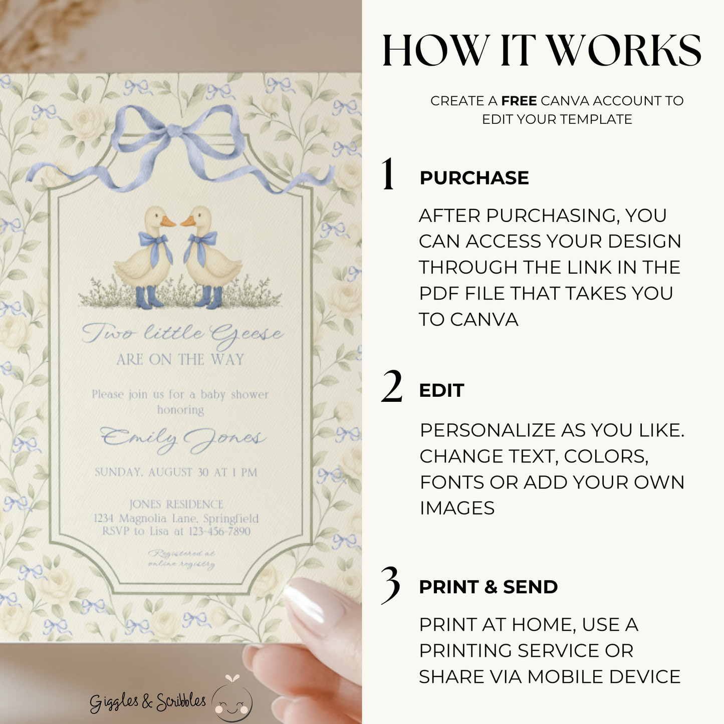 Twin Boys Little Goose Baby Shower Invitation BS285