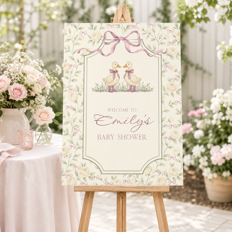 Twin Girls Little Goose Baby Shower Welcome Sign BS284