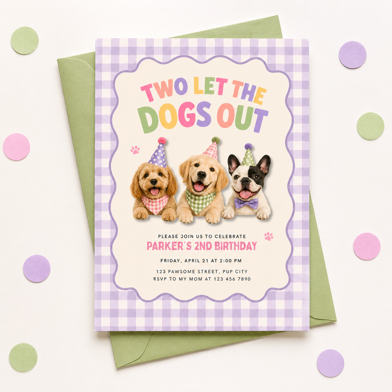 Two Let the Dogs Out 2nd Birthday Invitation Girl L166