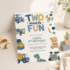 Two Much Fun 2nd Birthday Invitation Boy L152