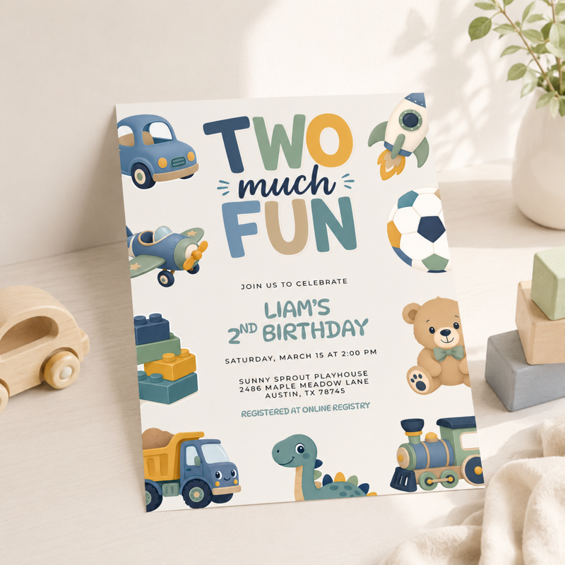 Two Much Fun 2nd Birthday Invitation Boy L152