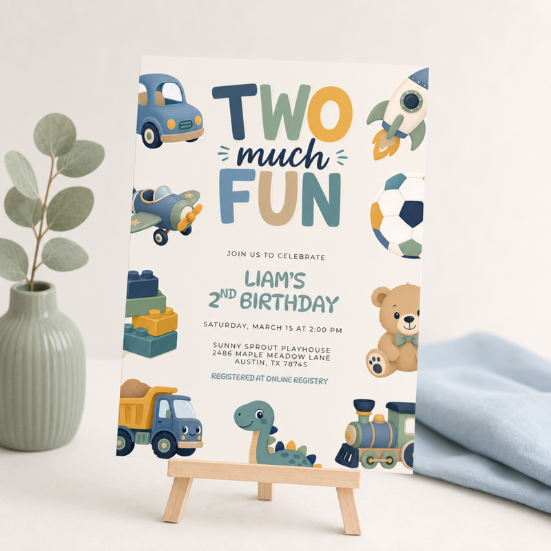 Two Much Fun 2nd Birthday Invitation Boy L152