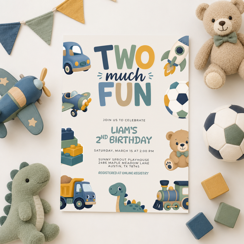 Two Much Fun 2nd Birthday Invitation Boy L152
