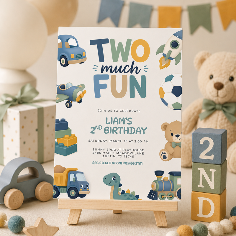 Two Much Fun 2nd Birthday Invitation Boy L152