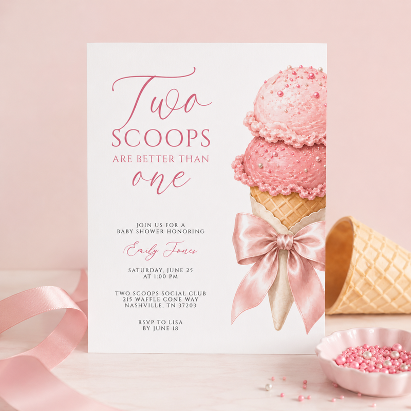 Two Scoops Are Better Than One Twin Girls Baby Shower Invitation BS315