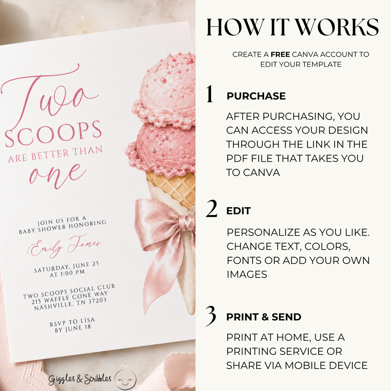 Two Scoops Are Better Than One Twin Girls Baby Shower Invitation BS315