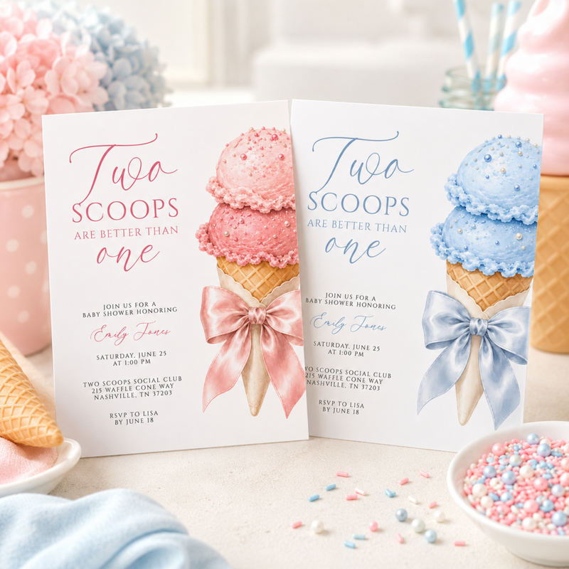 Two Scoops Are Better Than One Twin Girls Baby Shower Invitation BS315